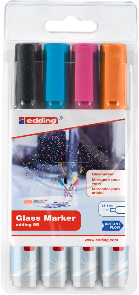 Marker pentru sticla Edding 95, set 4 culori asortate, varf rotund 1.5-3 mm, usor de sters