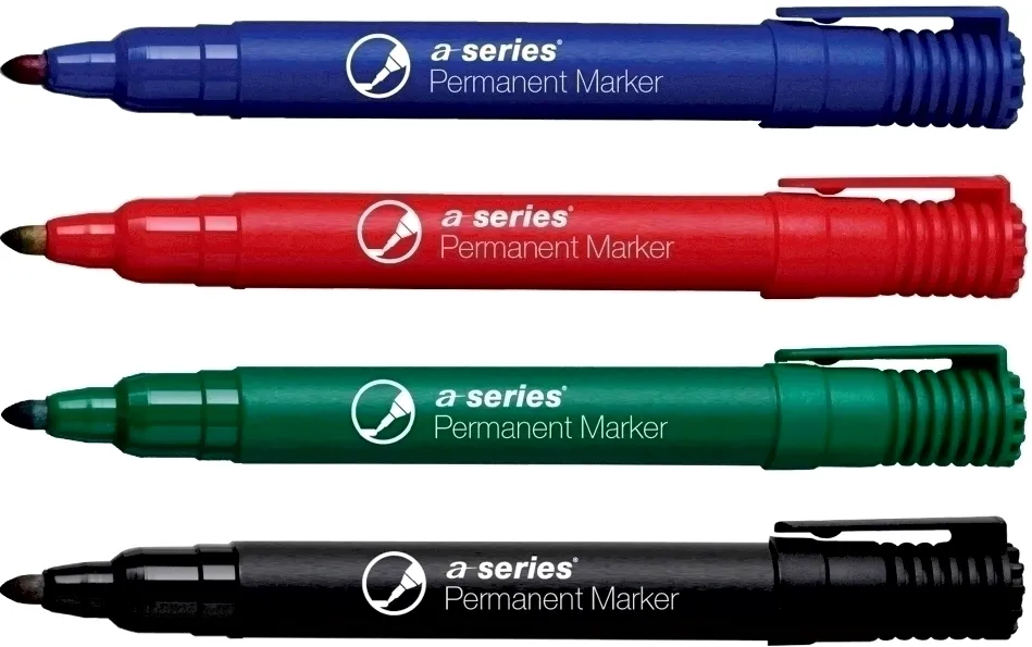 Marker permanent A-series, varf rotund 2 mm, 4 culori/set