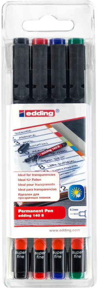 Marker permanent edding 140 S, set 4 bucati, corp din plastic, varf rotund, 0.3 mm, culori asortate: negru, rosu, albastru, verde