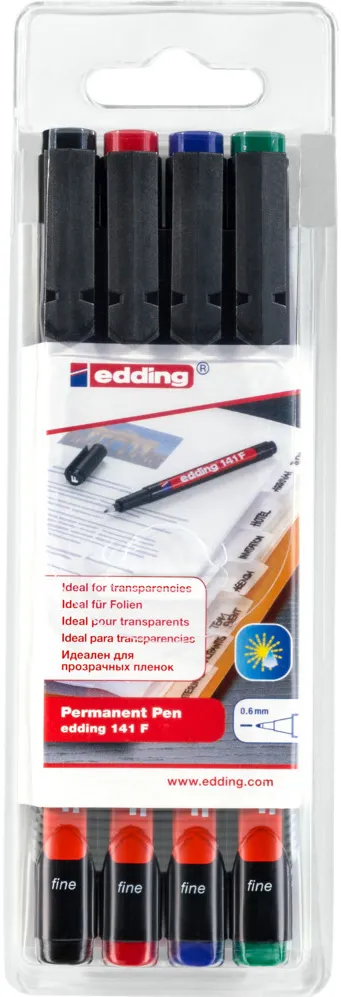 Set 4 markere permanente edding 141 F, corp plastic, varf rotund, 0.6 mm, culori asortate: negru, rosu, albastru, verde