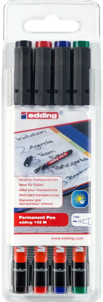 Marker permanent edding 142 M, set 4 bucati, corp plastic, varf rotund, 1 mm, culori asortate: negru, rosu, albastru, verde