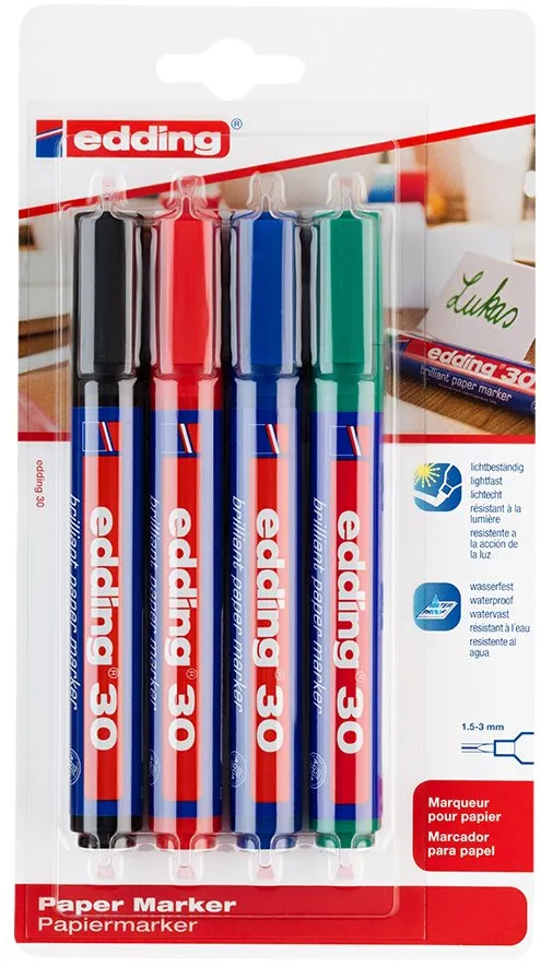Marker permanent Edding 30, varf 1.5-3 mm, 4 culori/blister