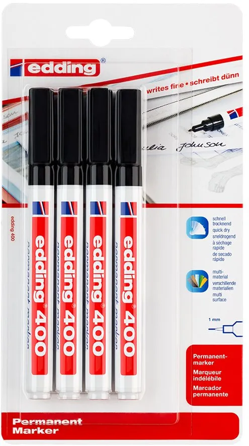 Marker permanent Edding 400, varf rotund 1 mm, negru, 4 bucati/blister