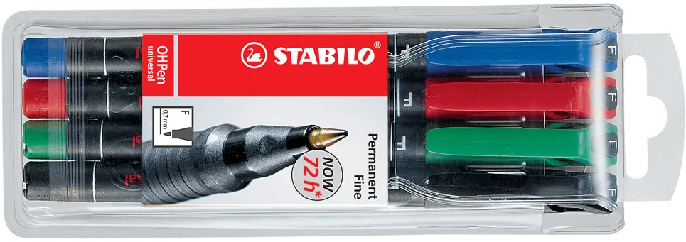 Marker permanent Stabilo Universal OHP 842, corp plastic, varf rotund, 0.7 mm, 4 bucati/set (negru, rosu, albastru, verde)