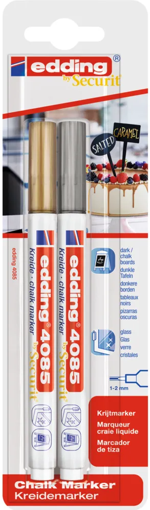 Marker Edding 4085, cu creta lichida, varf rotund 1-2 mm, auriu/argintiu 2 bucati/blister