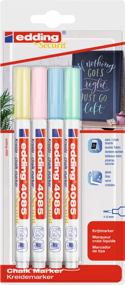 Marker Edding 4085, cu creta lichida, varf rotund 1-2 mm, alb, 4 culori pastel, blister