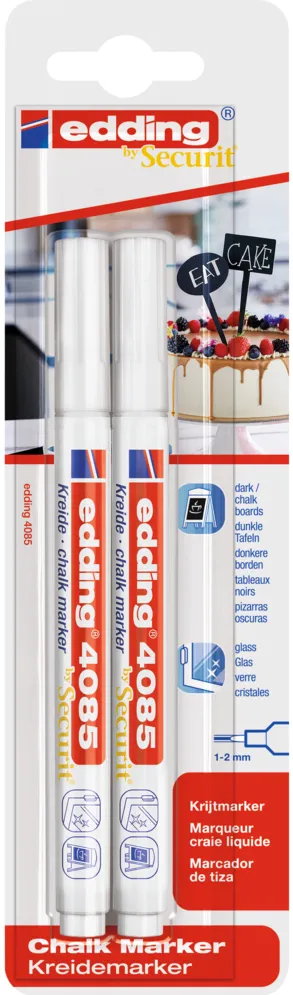 Marker Edding 4085, cu creta lichida, varf rotund 1-2 mm, alb, 2 bucati/blister