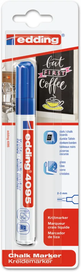 Marker Edding 4095 cu creta lichida, varf 2-3 mm, albastru, blister