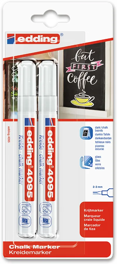 Marker Edding 4095 cu creta lichida, varf 2-3 mm, alb, 2 bucati/blister