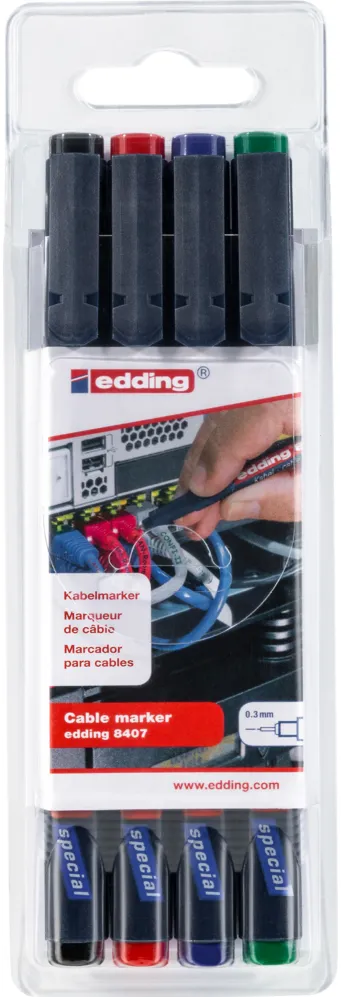 Marker Edding 8407 pentru cabluri vf 0.3mm 4 bucati/set, rezistent, marcare extrafina, cerneala permanenta