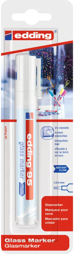Marker pentru sticla Edding 95, varf rotund, 1.5-3 mm, alb, blister