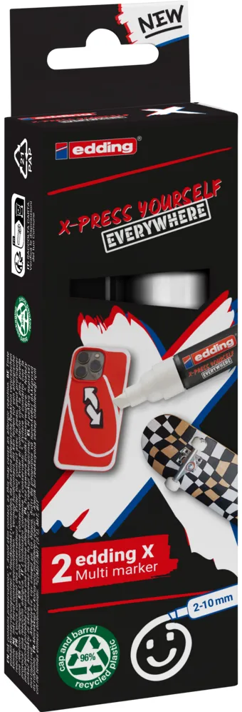Set markere Edding 6900 X Multi, 2 bucati, vopsea acrilica, varf tesit 2-10 mm, culori alb si negru