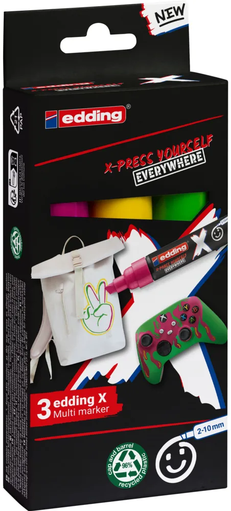 Marker Edding 6900 X multi, set 3 bucati, vopsea acrilica, varf tesit 2-10 mm, culori: rosu, galben, verde