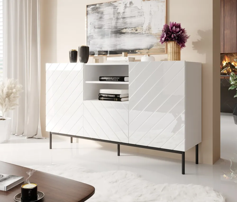 ABETO chest of drawers on black steel frame 150x42x90 white/gloss white