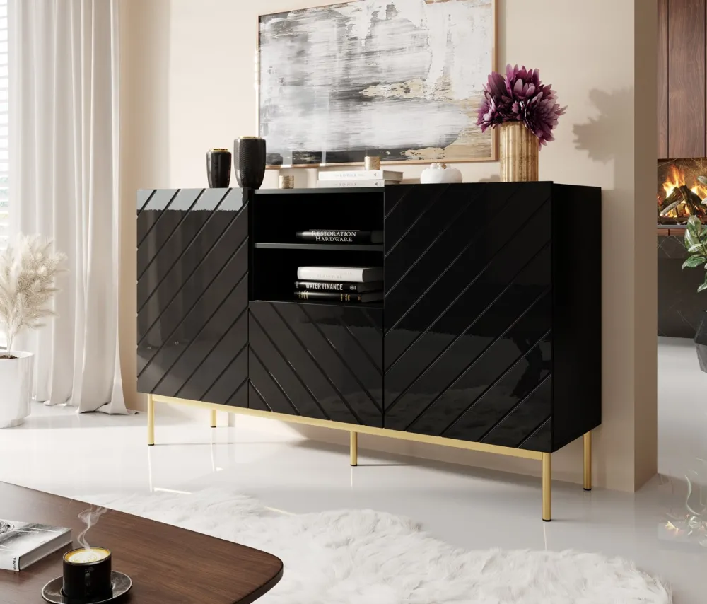 ABETO chest of drawers on golden steel frame 150x42x90 black/black gloss