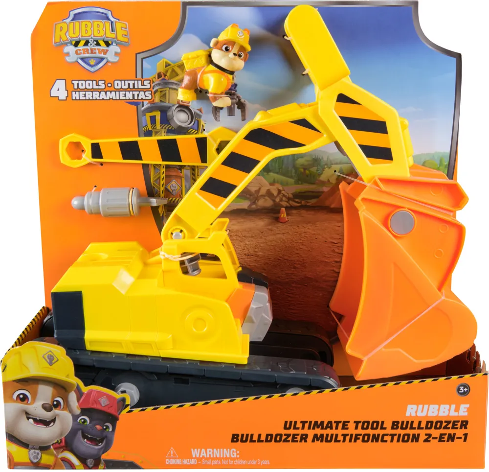 Excavator de jucarie 2 in 1 Spin Master Rubble & Crew cu unelte si figurina Rubble