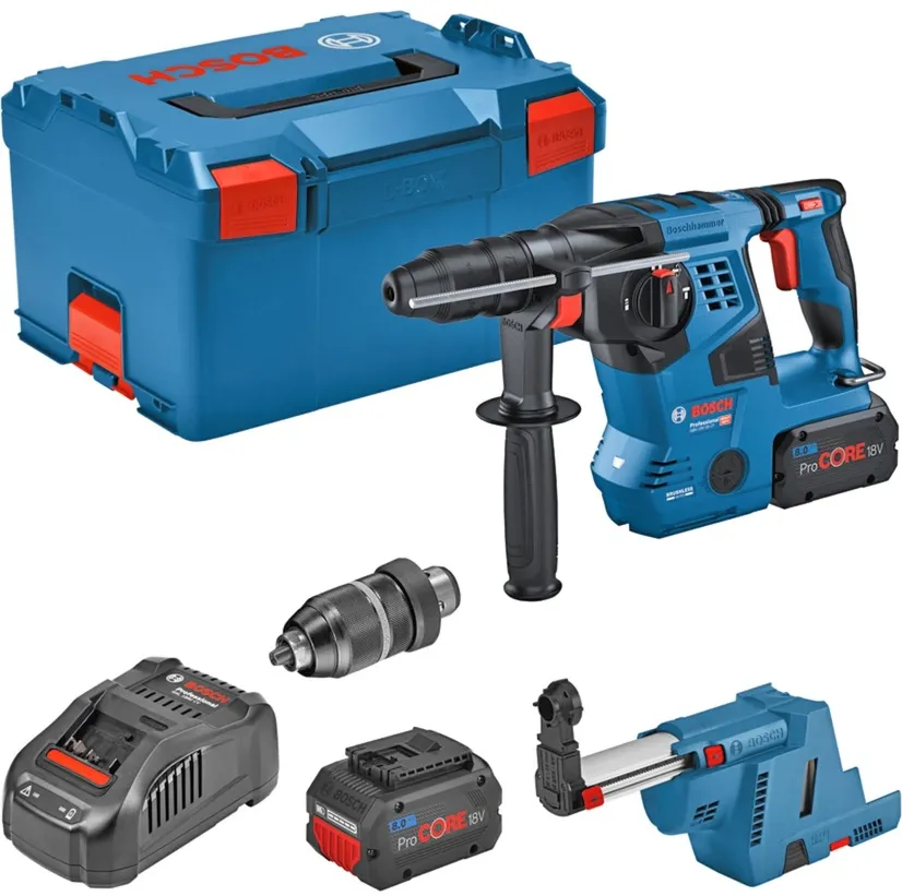 Ciocan rotopercutor fara fir BOSCH GBH 18V-28 CF Professional cu aspirator GDE 18V-16 2 acumulatori ProCORE18V 8,0 Ah Bluetooth L-BOXX