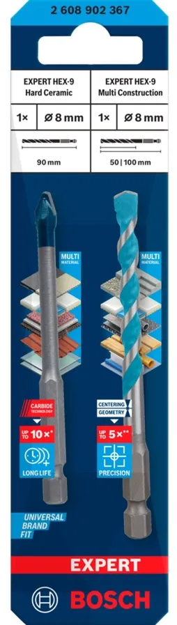 Bosch Expert HEX-9 HardCeramic + HEX-9 MultiConstruction drill bit set, ? 8mm (2-piece)
