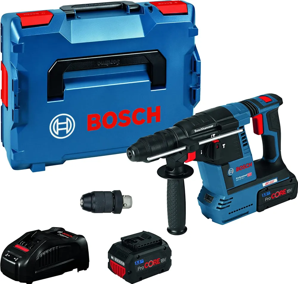 Bosch cordless hammer drill GBH 18V-26 F Professional, 18V (blue/black, 2x battery ProCORE18V 5.5Ah, L-BOXX, dust extraction)