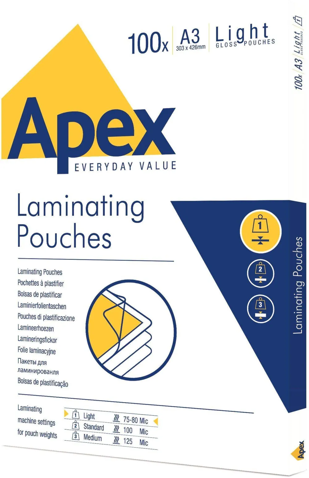 Folie pentru laminare Apex, 75-80 microni, A3, 100 coli/top