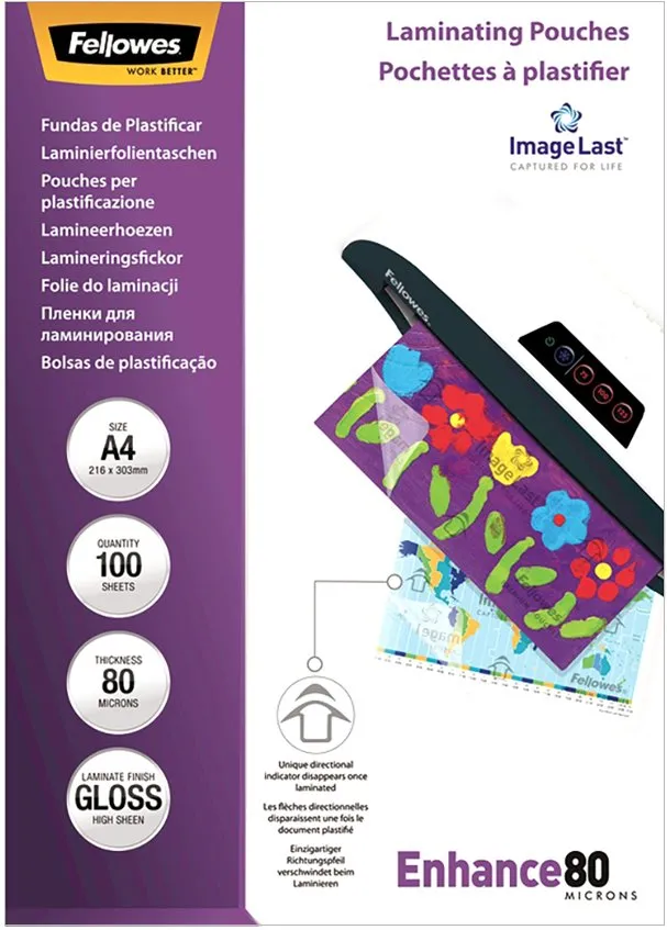 Folie pentru laminare Fellowes, 80 microni, A4, 100 coli/top