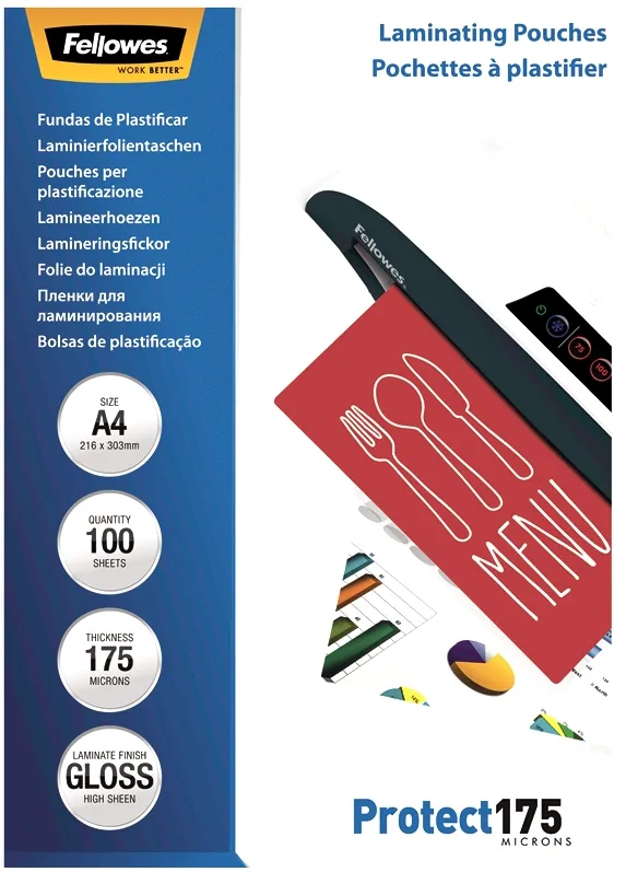 Folie pentru laminare Fellowes, 175 microni, A4, 100 coli/top