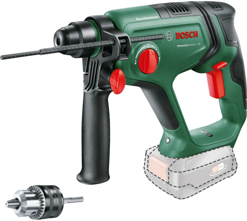 Ciocan rotopercutor pe acumulator Bosch UniversalHammer 06039D6001, 18 V, 2000 RPM, 2 J, 25 mm diametru maxim gaurire, limitator adancime, adaptor tija rotunda, fara acumulator/incarcator