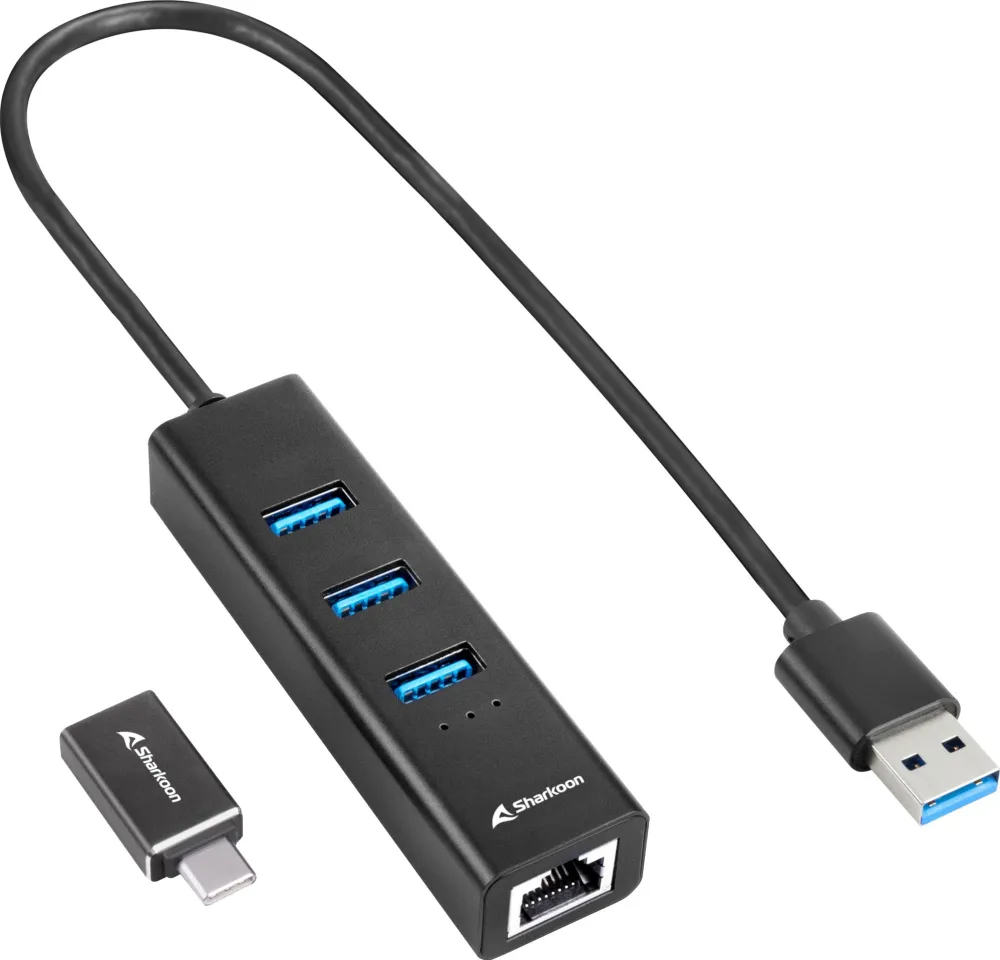 Sharkoon 3-Port USB 3.2 Gen 1 Alu Hub + Ethernet, docking station (black)