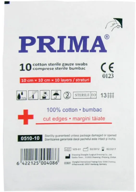 Comprese sterile tifon Prima 10x10 cm, 10 bucati, taiate plic