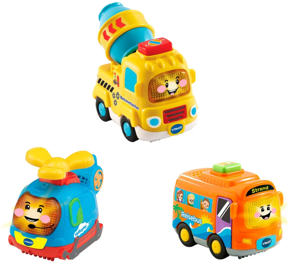VTech Tut Tut Baby Flitzer - Set of 3 Coach, Helicopter, Concrete Mixer, Toy Vehicle