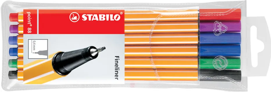 Liner Stabilo Point 88, varf fetru, 0.4 mm, 6 culori/set (rosu, negru, albastru, verde, roz, mov)
