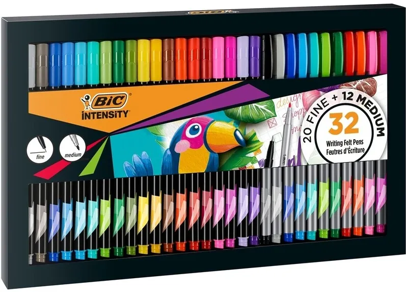 Set 32 linere BIC Intensity, 20 cu varf fin 0.4 mm + 12 cu varf mediu 0.7 mm, multicolor