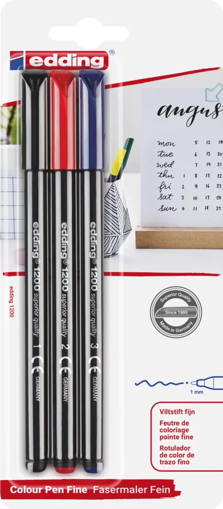 Edding 1200 set 3 markere, varf rotund, 1 mm, culori: negru, rosu, albastru, blister