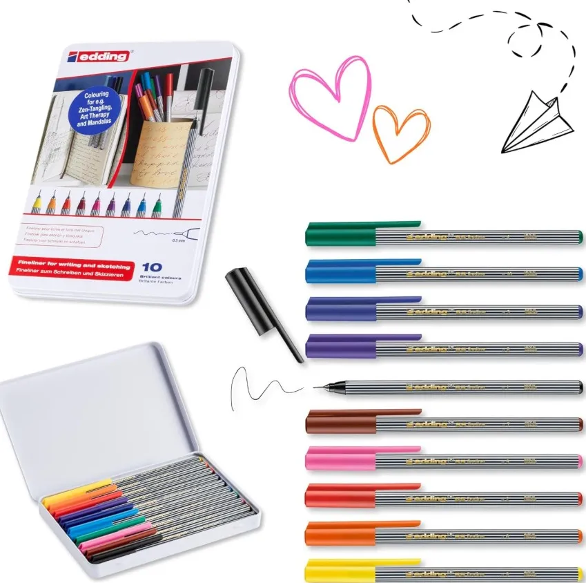 Liner edding 55, corp plastic, varf rotund, 0.3 mm, set 10 culori: negru, rosu, albastru, verde, galben, portocaliu, maro, violet, roz, albastru deschis