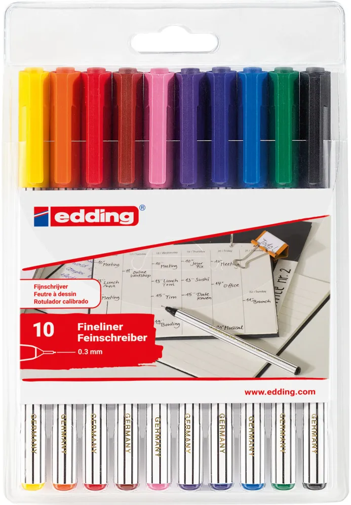 Liner edding 89, corp plastic, varf rotund, 0.3 mm, set 10 culori: negru, rosu, albastru, verde, galben, portocaliu, maro, violet, roz, albastru deschis