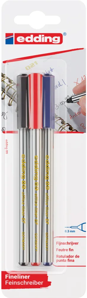 Liner Edding Office 89, varf fetru, 0.3 mm, 3 culori/set (negru, rosu, albastru)