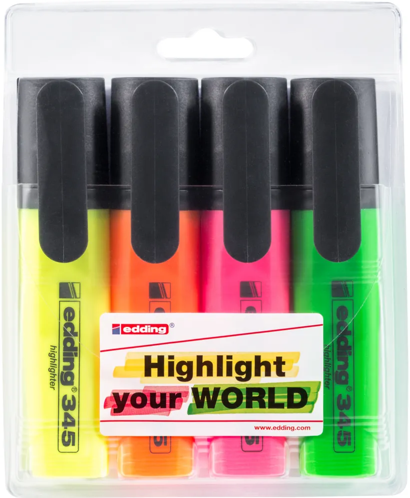 Textmarker Edding 345, varf 2-5 mm, 4 culori/set ( galben, roz, albastru, verde)