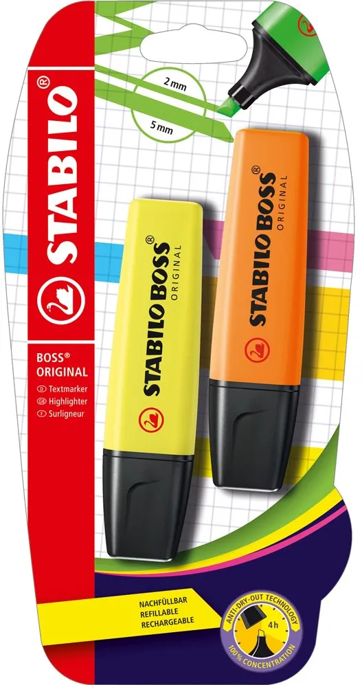 Textmarker Stabilo Boss Original, corp plastic in culoarea cernelei, varf retezat, 2-5 mm, galben, portocaliu, 2 bucati/blister