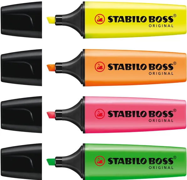 Textmarker Stabilo Boss, varf 2-5 mm, 4 culori/set ( galben, portocaliu, verde, roz)