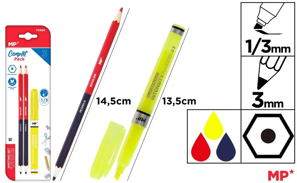 Set 2 creioane Main Paper, 2 capete rosu/albastru, textmarker varf tesit 1-3 mm, blister