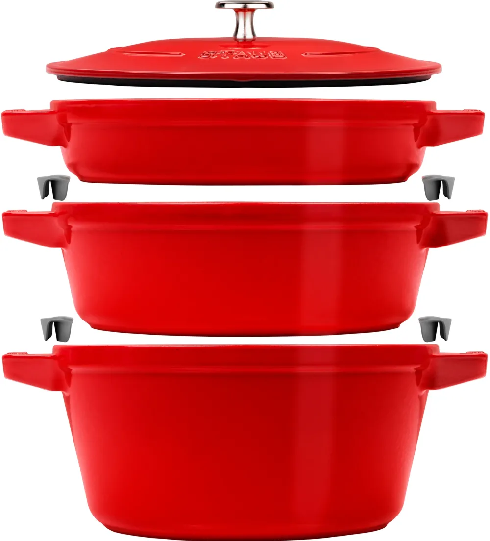 Set de vase Staub Cocotte, 24 cm, roșu cireș, 3 piese