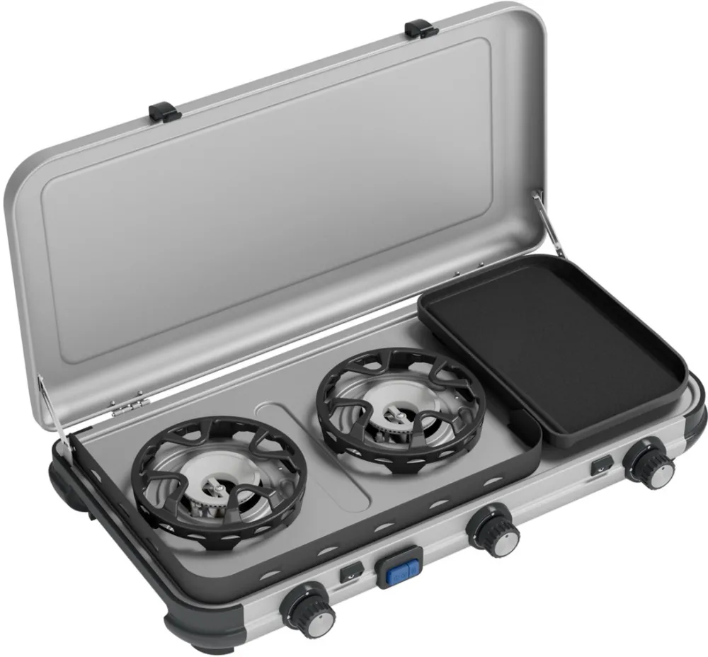 Campingaz Camping Kitchen 2 Multi Cook, gas cooker (grey, 2 hobs 2x 1.8 kW + grill plate 0.9 kW)
