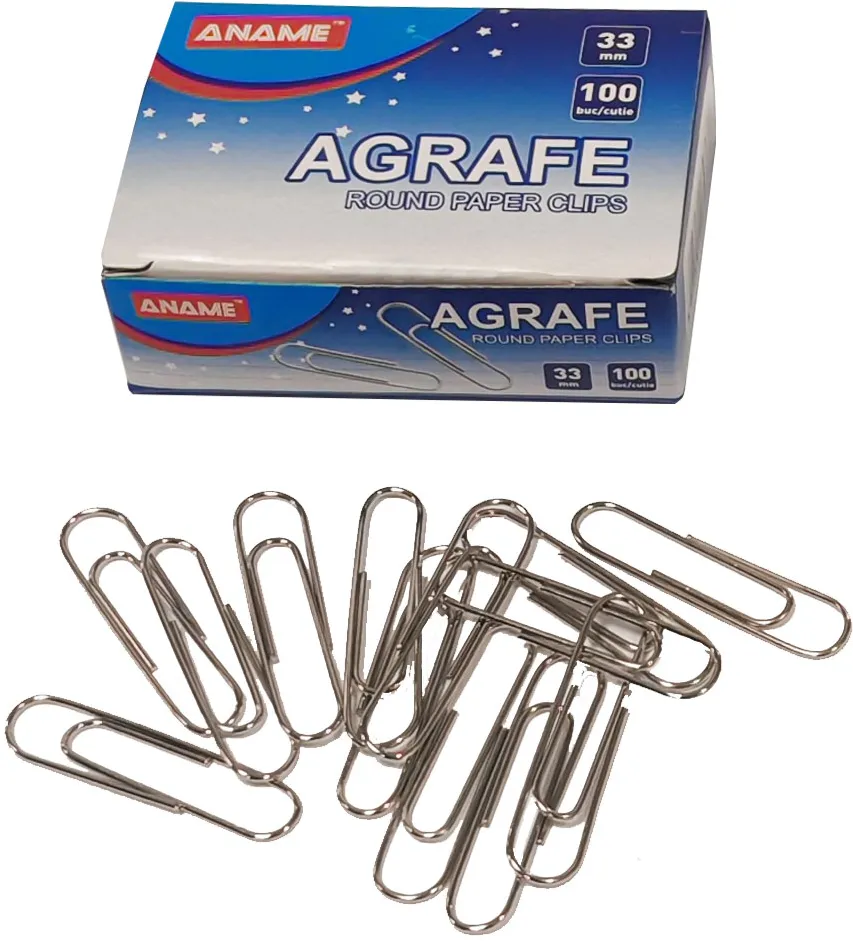 Agrafe ANAME, 33 mm, metal, colturi rotunjite, 100 bucati/cutie