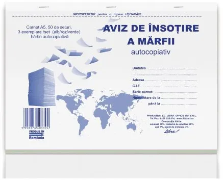 Aviz A5 autocopiativ 3 exemplare cu perfor, 50 set/carnet