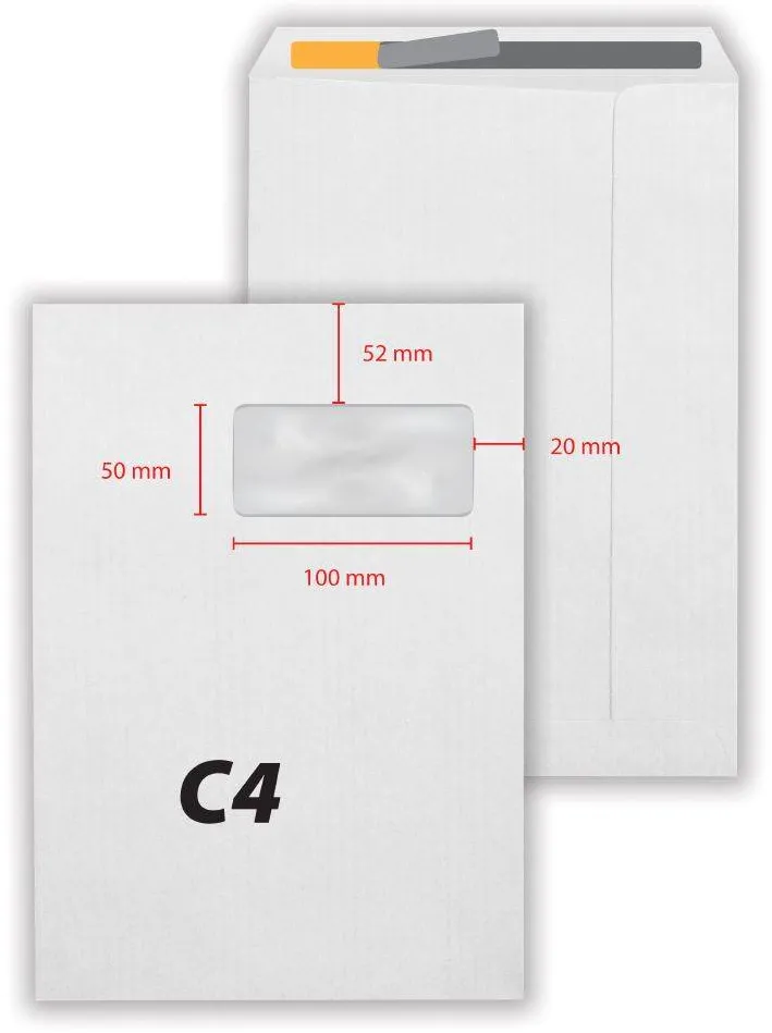 Plic C4, 229 x 324 mm, fereastra dreapta 50 x 100 mm, alb, banda silicon, 80 g/mp, 250 bucati/cutie