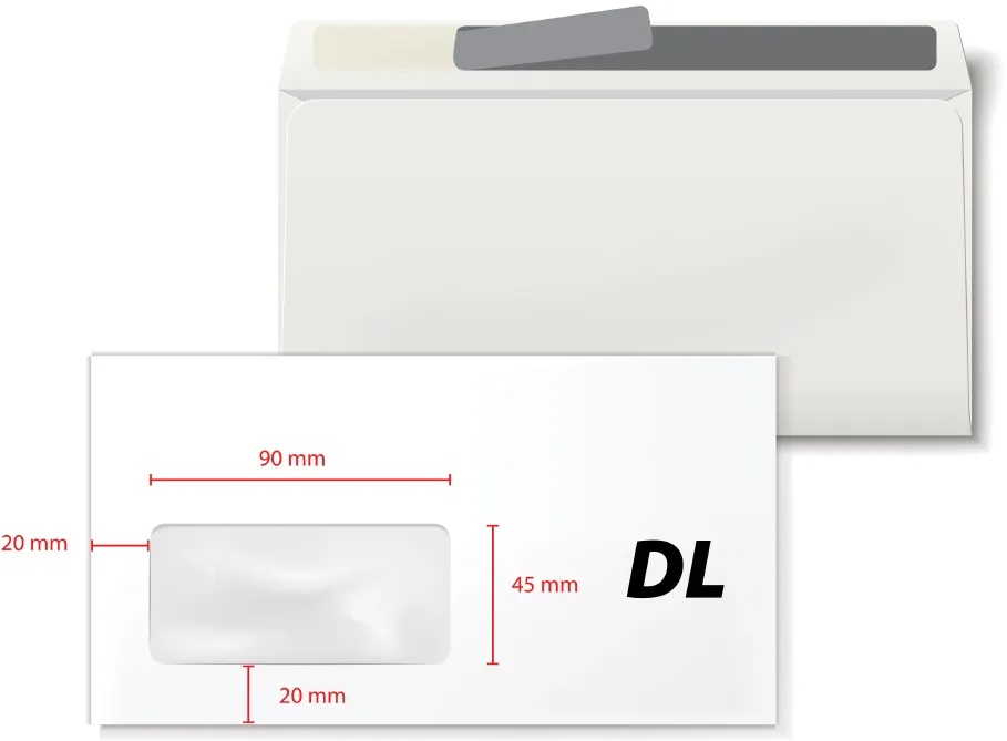Plic DL, 110 x 220 mm, fereastra stanga 45 x 90 mm, alb, autoadeziv, 80 g/mp, 1000 bucati/cutie