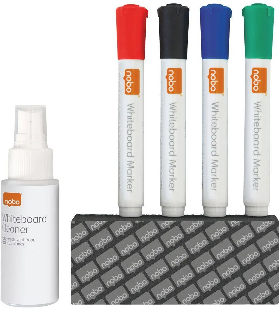Kit pentru tabla NOBO, 4 markere diverse culori, burete magnetic, spray curatare 50 ml