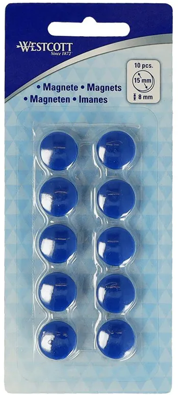 Set 10 magneti Westcott, d15 mm, albastru, sustin 3/4 coli, 80g