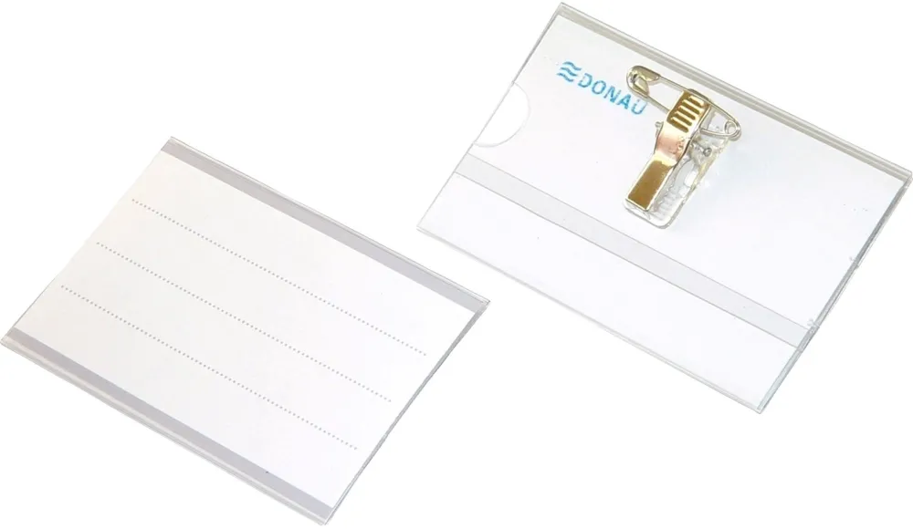 Ecuson orizontal Donau, 90 x 57 mm, cu ac si clip, 50 bucati/cutie