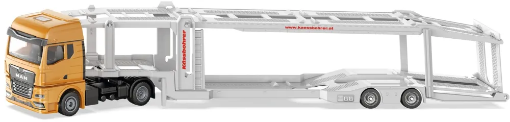 Macheta transportor auto SIKU Super MAN 1:50 cu 2 masini sport, albastru/alb